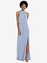 Front View Thumbnail - Sky Blue Scarf Tie High Neck Blouson Bodice Maxi Dress with Front Slit