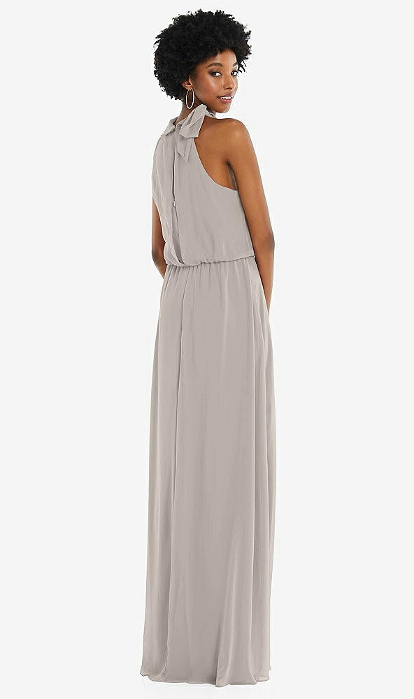 Back View - Taupe Scarf Tie High Neck Blouson Bodice Maxi Dress with Front Slit