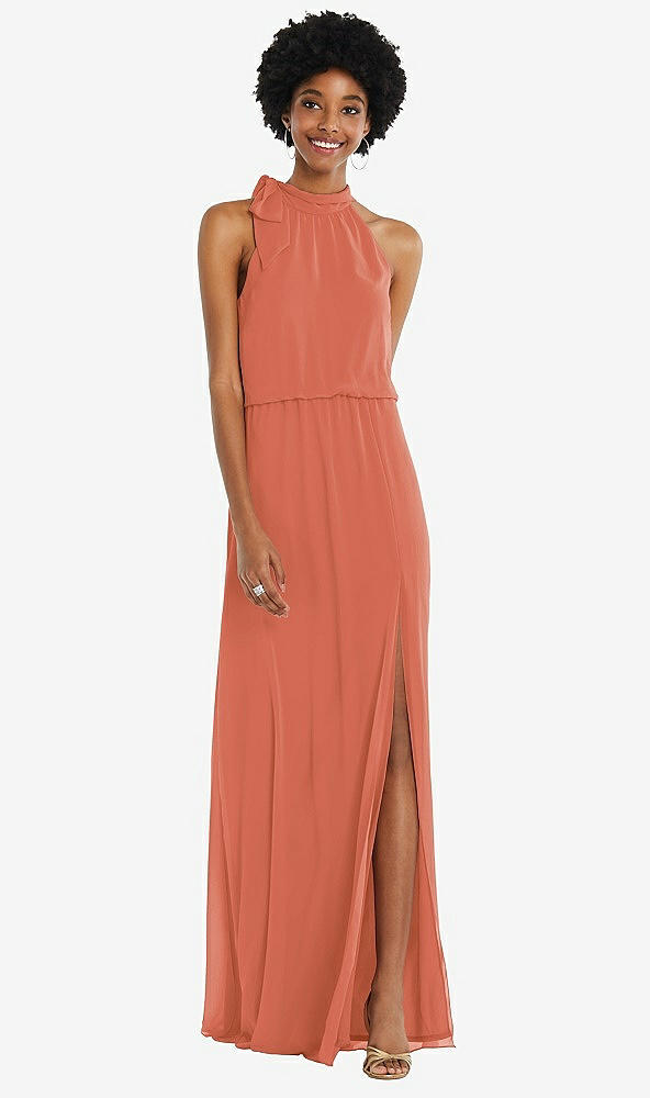 Front View - Terracotta Copper Scarf Tie High Neck Blouson Bodice Maxi Dress with Front Slit