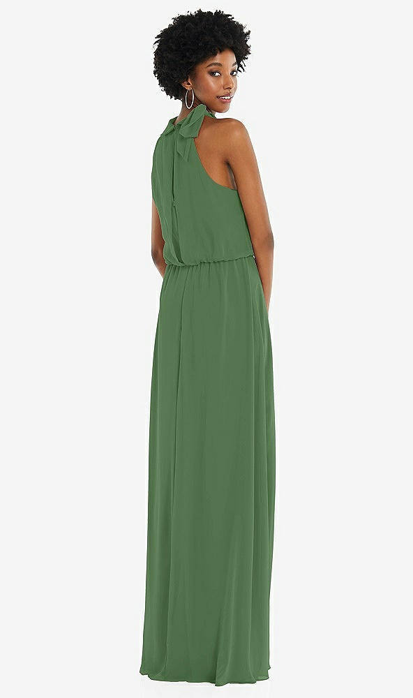 Back View - Vineyard Green Scarf Tie High Neck Blouson Bodice Maxi Dress with Front Slit