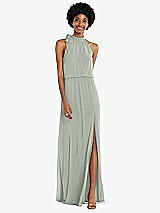 Front View Thumbnail - Willow Green Scarf Tie High Neck Blouson Bodice Maxi Dress with Front Slit