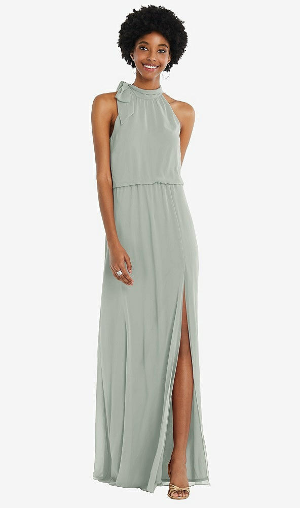 Front View - Willow Green Scarf Tie High Neck Blouson Bodice Maxi Dress with Front Slit