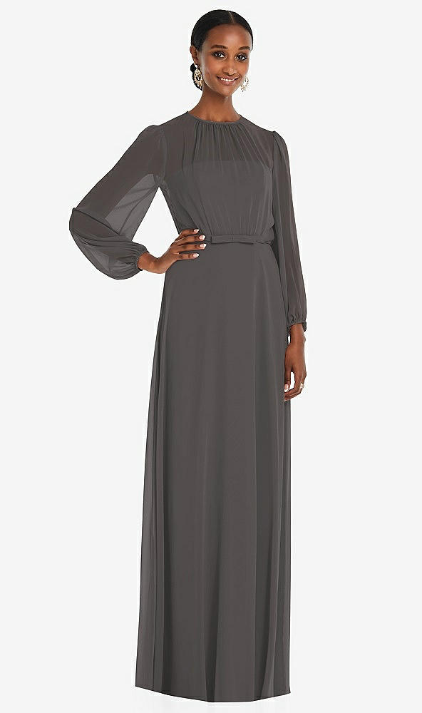 Front View - Caviar Gray Strapless Chiffon Maxi Dress with Puff Sleeve Blouson Overlay 