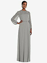 Front View Thumbnail - Chelsea Gray Strapless Chiffon Maxi Dress with Puff Sleeve Blouson Overlay 