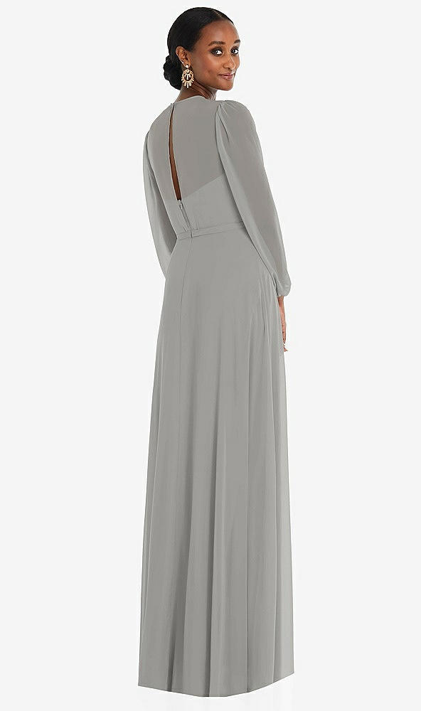 Back View - Chelsea Gray Strapless Chiffon Maxi Dress with Puff Sleeve Blouson Overlay 