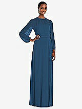 Front View Thumbnail - Dusk Blue Strapless Chiffon Maxi Dress with Puff Sleeve Blouson Overlay 