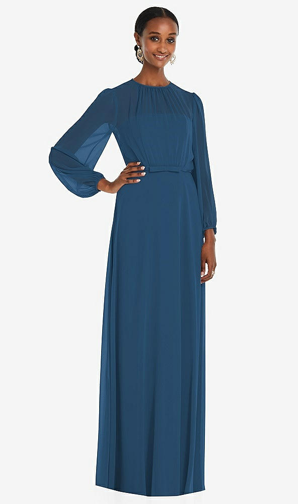 Front View - Dusk Blue Strapless Chiffon Maxi Dress with Puff Sleeve Blouson Overlay 