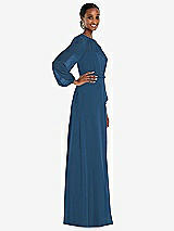 Side View Thumbnail - Dusk Blue Strapless Chiffon Maxi Dress with Puff Sleeve Blouson Overlay 