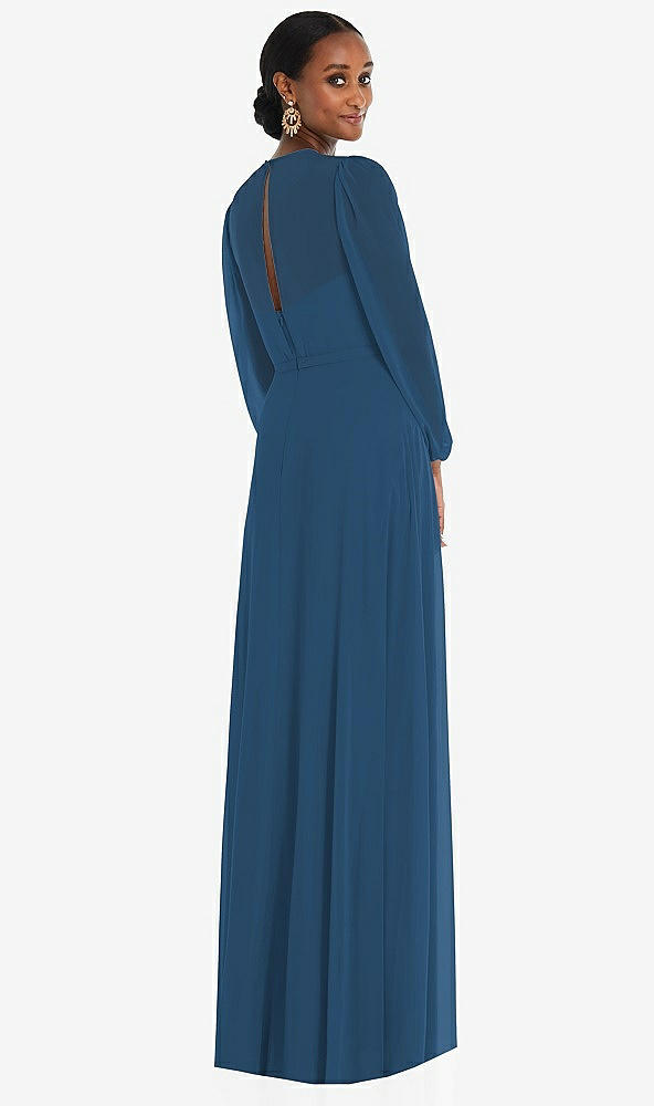 Back View - Dusk Blue Strapless Chiffon Maxi Dress with Puff Sleeve Blouson Overlay 