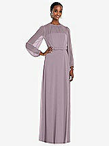 Front View Thumbnail - Lilac Dusk Strapless Chiffon Maxi Dress with Puff Sleeve Blouson Overlay 