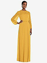 Front View Thumbnail - NYC Yellow Strapless Chiffon Maxi Dress with Puff Sleeve Blouson Overlay 