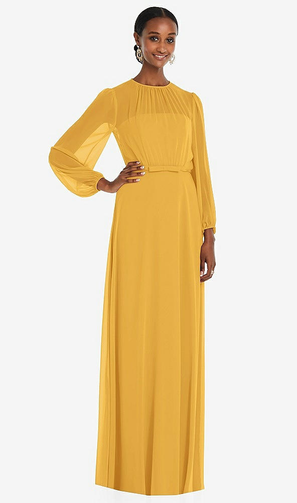 Front View - NYC Yellow Strapless Chiffon Maxi Dress with Puff Sleeve Blouson Overlay 