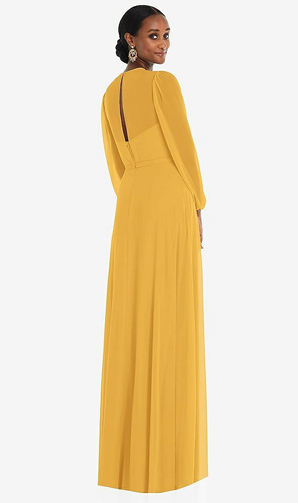 Back View - NYC Yellow Strapless Chiffon Maxi Dress with Puff Sleeve Blouson Overlay 
