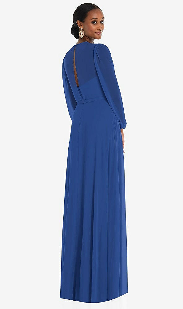 Back View - Classic Blue Strapless Chiffon Maxi Dress with Puff Sleeve Blouson Overlay 