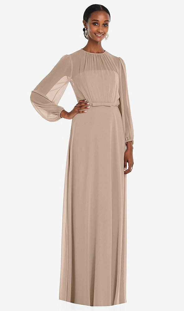Front View - Topaz Strapless Chiffon Maxi Dress with Puff Sleeve Blouson Overlay 