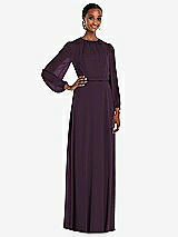 Front View Thumbnail - Aubergine Strapless Chiffon Maxi Dress with Puff Sleeve Blouson Overlay 
