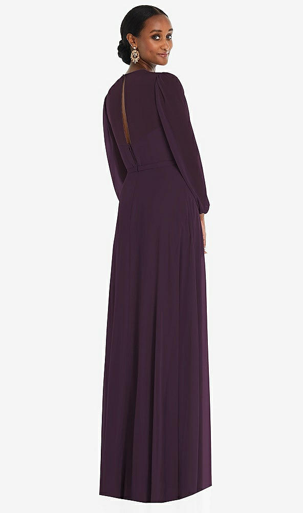 Back View - Aubergine Strapless Chiffon Maxi Dress with Puff Sleeve Blouson Overlay 
