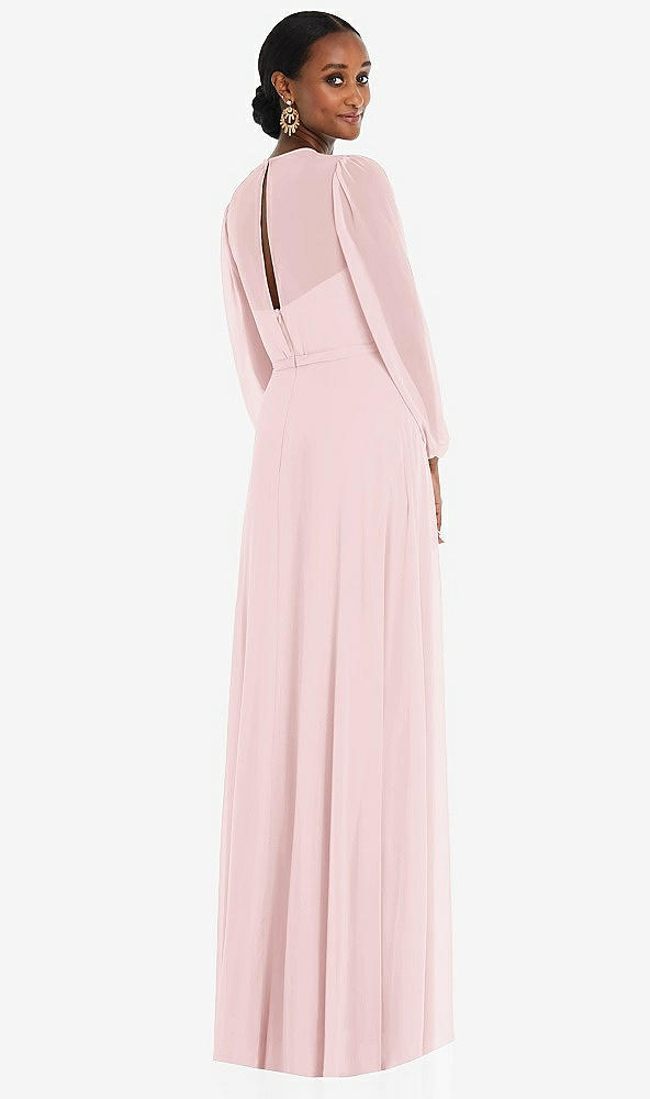 Back View - Ballet Pink Strapless Chiffon Maxi Dress with Puff Sleeve Blouson Overlay 