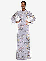 Alt View 1 Thumbnail - Butterfly Botanica Silver Dove Strapless Chiffon Maxi Dress with Puff Sleeve Blouson Overlay 