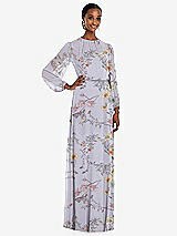 Front View Thumbnail - Butterfly Botanica Silver Dove Strapless Chiffon Maxi Dress with Puff Sleeve Blouson Overlay 