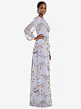 Side View Thumbnail - Butterfly Botanica Silver Dove Strapless Chiffon Maxi Dress with Puff Sleeve Blouson Overlay 