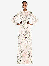 Alt View 1 Thumbnail - Blush Garden Strapless Chiffon Maxi Dress with Puff Sleeve Blouson Overlay 