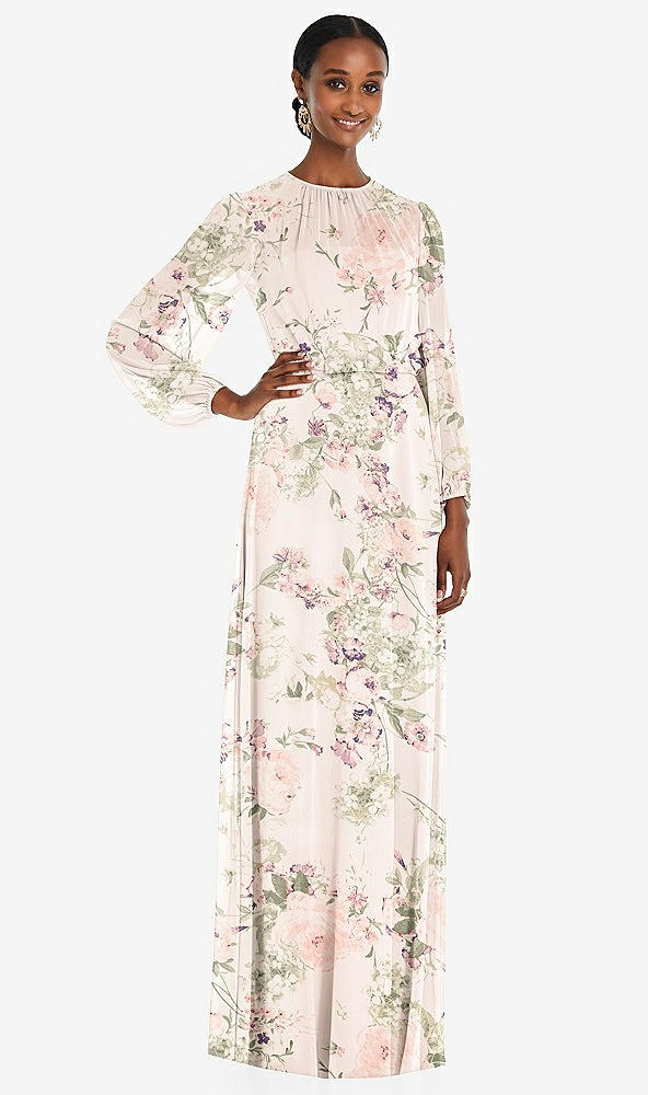 Front View - Blush Garden Strapless Chiffon Maxi Dress with Puff Sleeve Blouson Overlay 