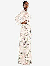 Side View Thumbnail - Blush Garden Strapless Chiffon Maxi Dress with Puff Sleeve Blouson Overlay 