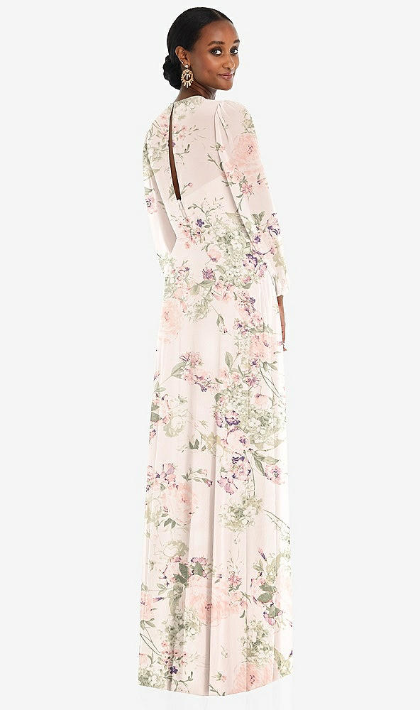 Back View - Blush Garden Strapless Chiffon Maxi Dress with Puff Sleeve Blouson Overlay 