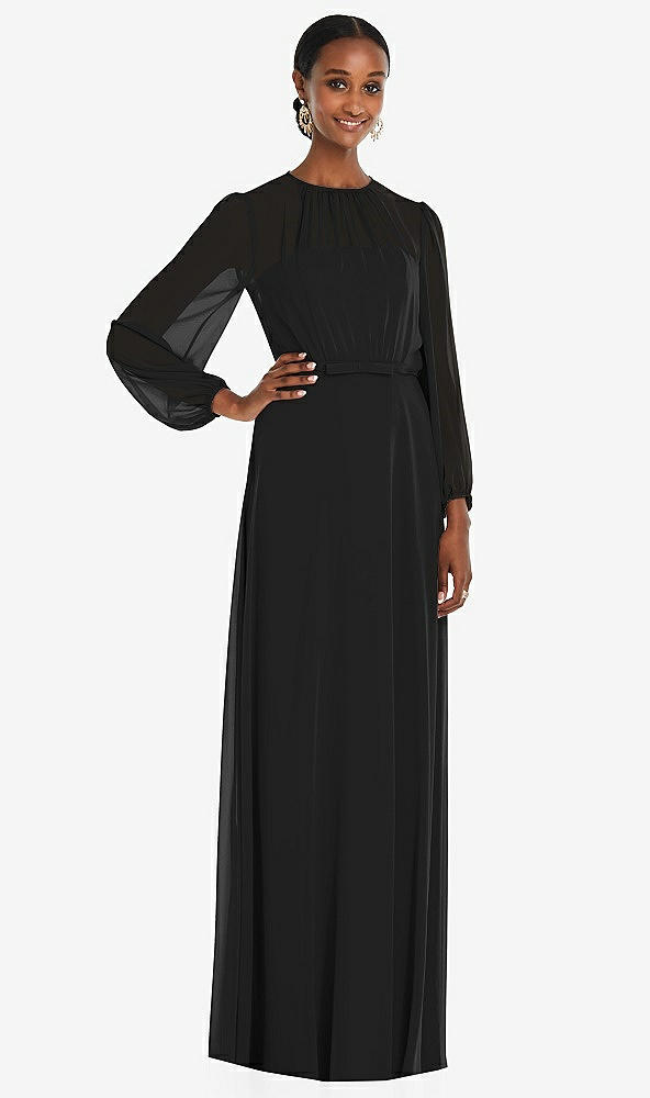 Front View - Black Strapless Chiffon Maxi Dress with Puff Sleeve Blouson Overlay 