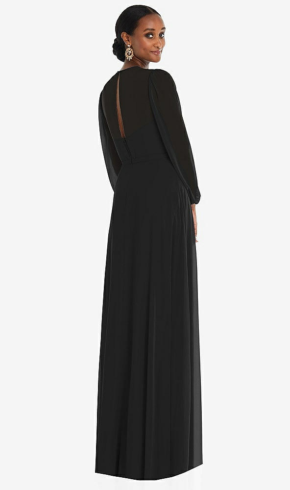 Back View - Black Strapless Chiffon Maxi Dress with Puff Sleeve Blouson Overlay 