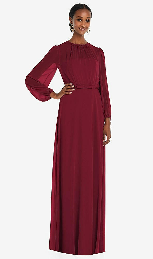 Front View - Burgundy Strapless Chiffon Maxi Dress with Puff Sleeve Blouson Overlay 