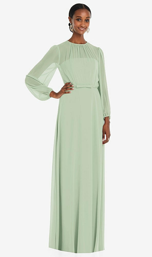 Front View - Celadon Strapless Chiffon Maxi Dress with Puff Sleeve Blouson Overlay 