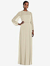 Front View Thumbnail - Champagne Strapless Chiffon Maxi Dress with Puff Sleeve Blouson Overlay 