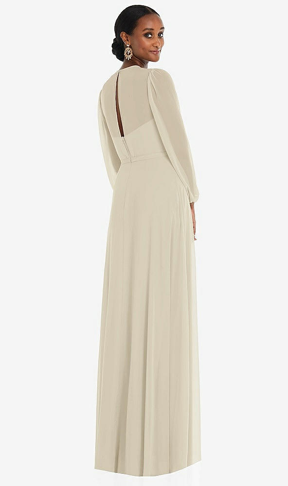 Back View - Champagne Strapless Chiffon Maxi Dress with Puff Sleeve Blouson Overlay 