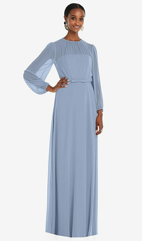 Front View - Cloudy Strapless Chiffon Maxi Dress with Puff Sleeve Blouson Overlay 