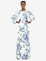 Alt View 1 Thumbnail - Cottage Rose Dusk Blue Strapless Chiffon Maxi Dress with Puff Sleeve Blouson Overlay 