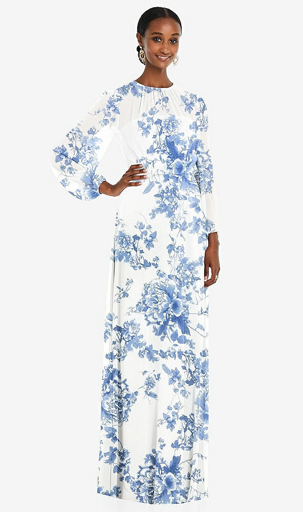 Front View - Cottage Rose Dusk Blue Strapless Chiffon Maxi Dress with Puff Sleeve Blouson Overlay 