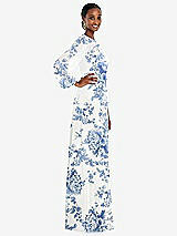 Side View Thumbnail - Cottage Rose Dusk Blue Strapless Chiffon Maxi Dress with Puff Sleeve Blouson Overlay 