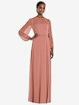 Front View Thumbnail - Desert Rose Strapless Chiffon Maxi Dress with Puff Sleeve Blouson Overlay 