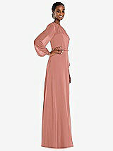 Side View Thumbnail - Desert Rose Strapless Chiffon Maxi Dress with Puff Sleeve Blouson Overlay 