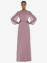 Alt View 1 Thumbnail - Dusty Rose Strapless Chiffon Maxi Dress with Puff Sleeve Blouson Overlay 