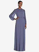 Front View Thumbnail - French Blue Strapless Chiffon Maxi Dress with Puff Sleeve Blouson Overlay 