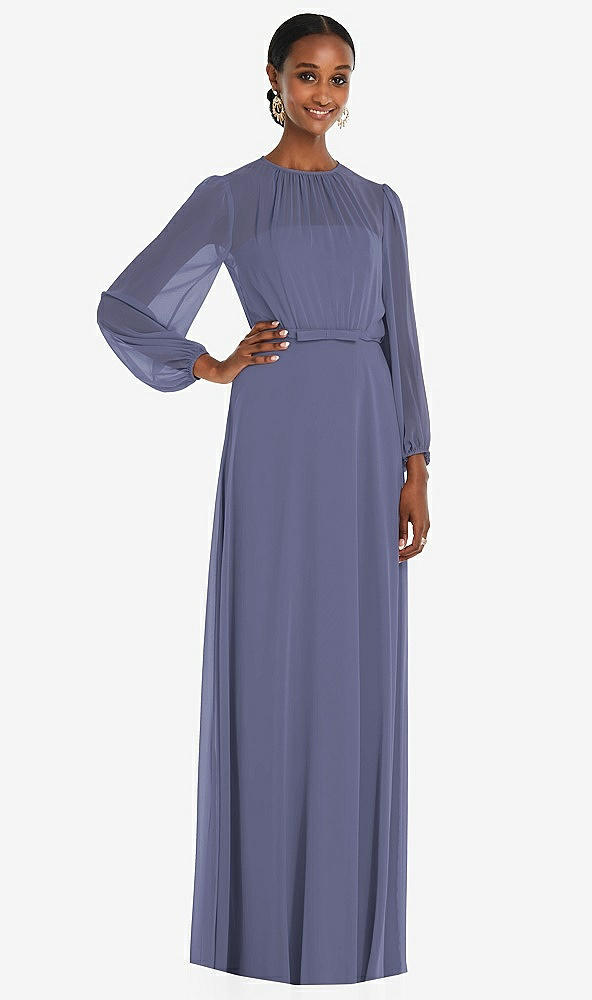 Front View - French Blue Strapless Chiffon Maxi Dress with Puff Sleeve Blouson Overlay 