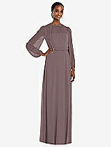 Front View Thumbnail - French Truffle Strapless Chiffon Maxi Dress with Puff Sleeve Blouson Overlay 