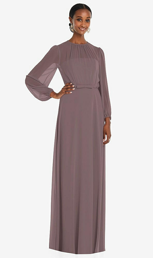 Front View - French Truffle Strapless Chiffon Maxi Dress with Puff Sleeve Blouson Overlay 
