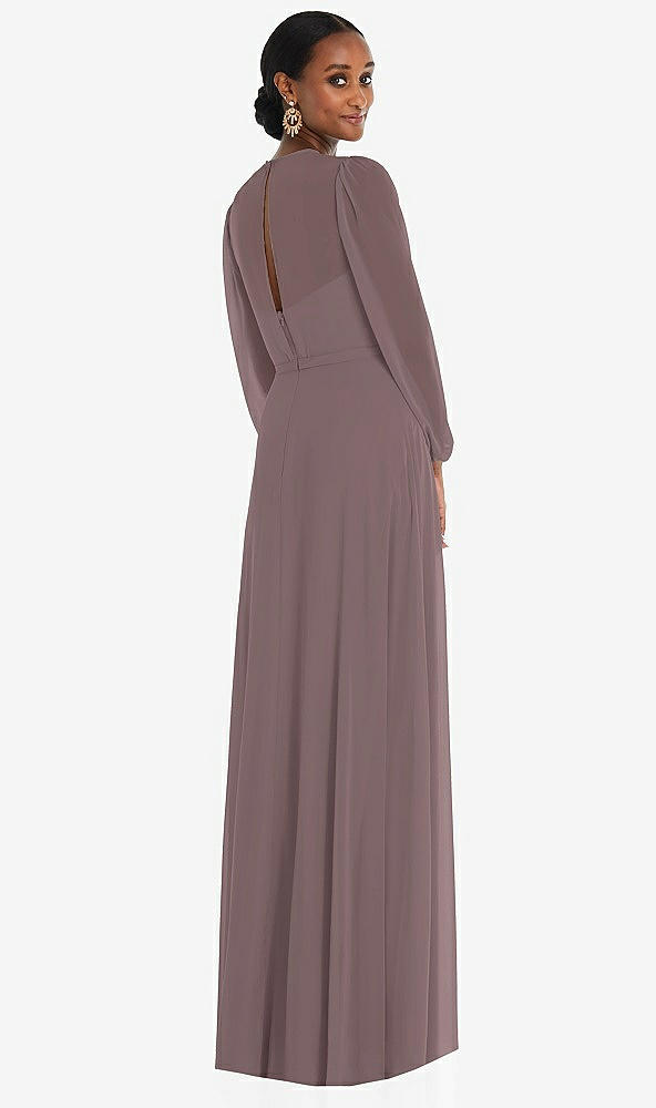 Back View - French Truffle Strapless Chiffon Maxi Dress with Puff Sleeve Blouson Overlay 