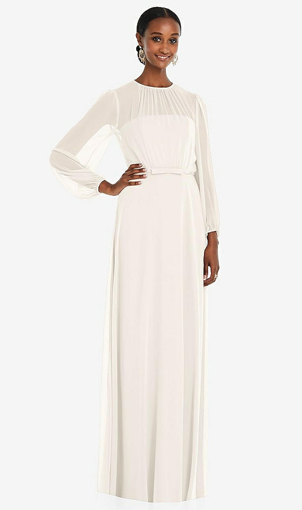 Front View - Ivory Strapless Chiffon Maxi Dress with Puff Sleeve Blouson Overlay 