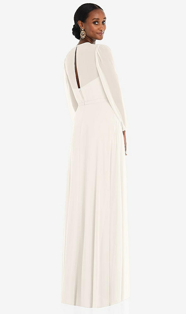 Back View - Ivory Strapless Chiffon Maxi Dress with Puff Sleeve Blouson Overlay 