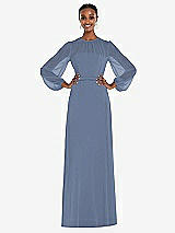 Alt View 1 Thumbnail - Larkspur Blue Strapless Chiffon Maxi Dress with Puff Sleeve Blouson Overlay 